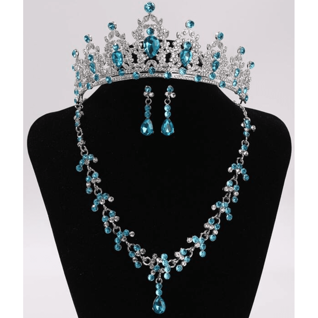 Bright Blue and Silver Rhinestone Tiara Set with Necklace and Earrings