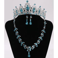 Bright Blue and Silver Rhinestone Tiara Set with Necklace and Earrings