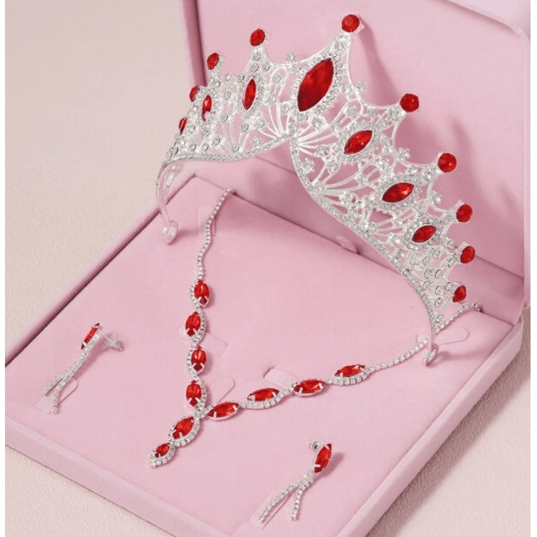 Bright Silver and Red Accent Rhinestone Set with Tiara, Necklace and Earrings