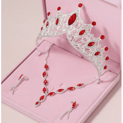 Bright Silver and Red Accent Rhinestone Set with Tiara, Necklace and Earrings