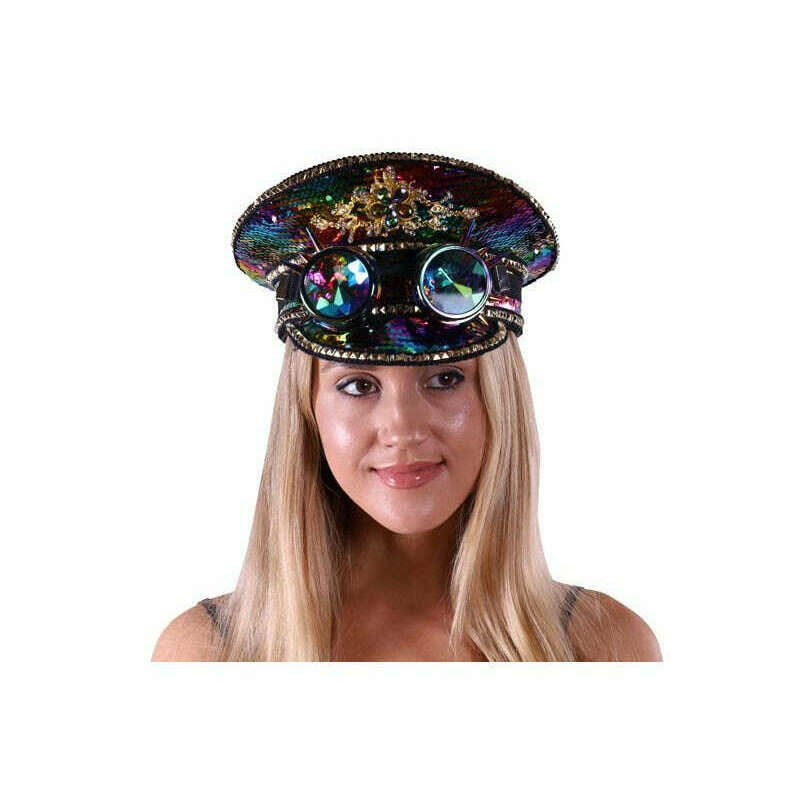 Burning Man Rainbow Sequin Hat w/ Spiked Goggles