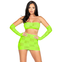 Checkerboard Net Bandeau, Miniskirt & Arm Warmers Set