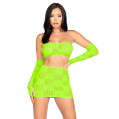 Checkerboard Net Bandeau, Miniskirt & Arm Warmers Set