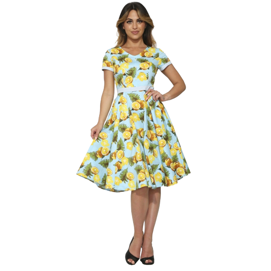 Classic 50s Aqua Blue Lemon Print Swing Dress 2X