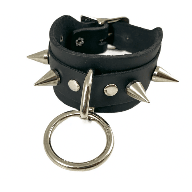 Cone Spiked O-Ring Black Leather Bracelet