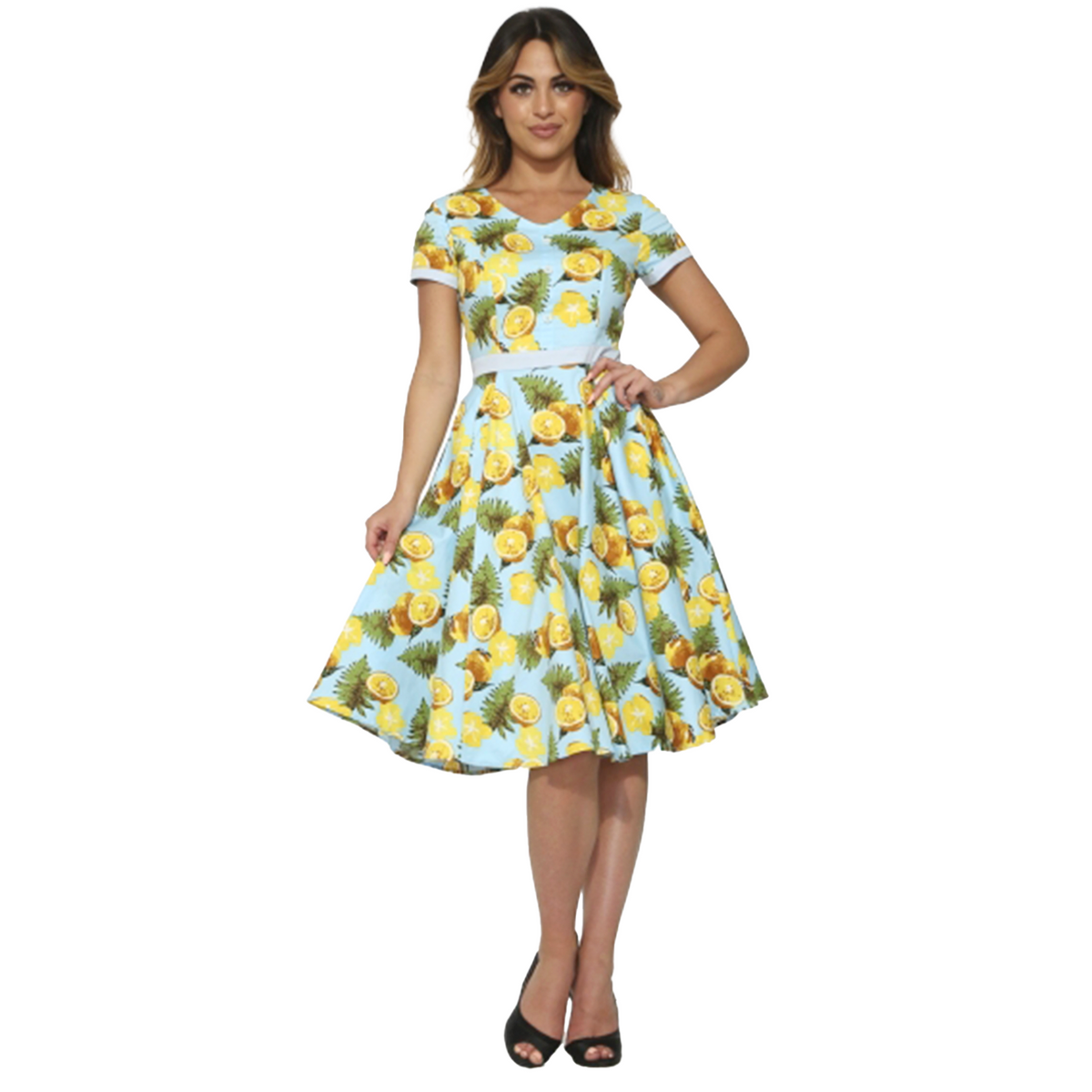 Classic 50s Aqua Blue Lemon Print Swing Dress