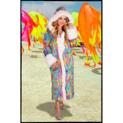 Curious Splatter Tie Dye White Trim Long Faux Fur Coat