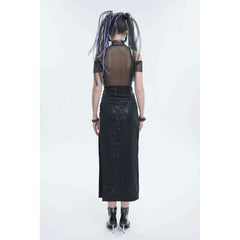 Cyber Goth Mock Neck Mesh Maxi Dress