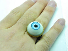 Adjustable Realistic Light Blue Eyeball Antique Brass Ring