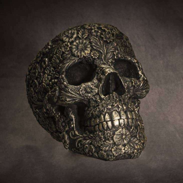 Day of the Dead Cold Cast Antique Finish Resin Floral Skull