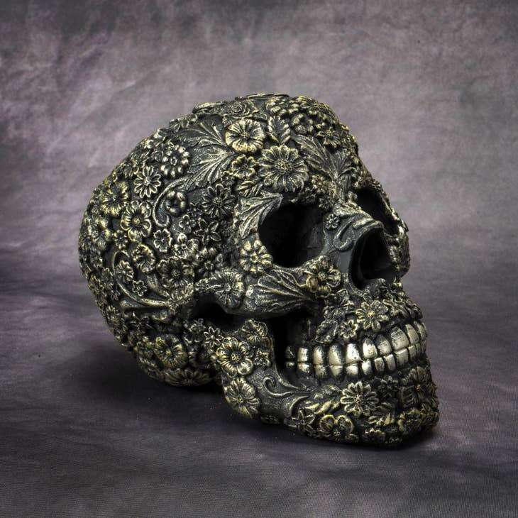 Day of the Dead Cold Cast Antique Finish Resin Floral Skull