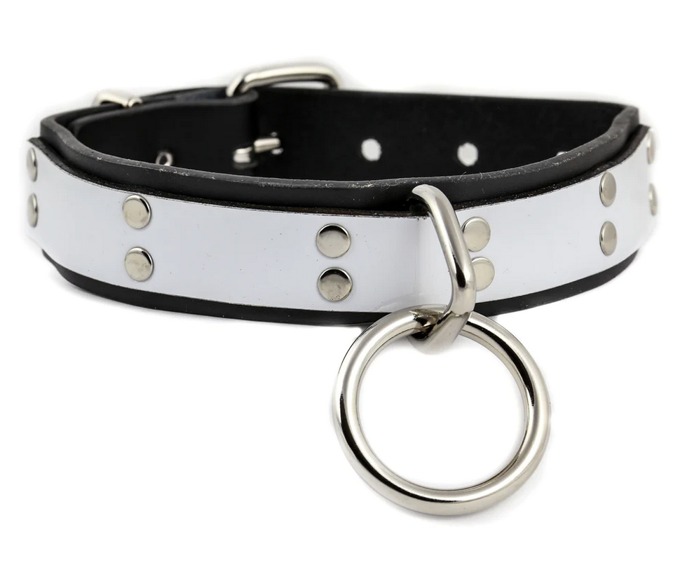 Black Leather & White Bondage Choker with Large Ring
