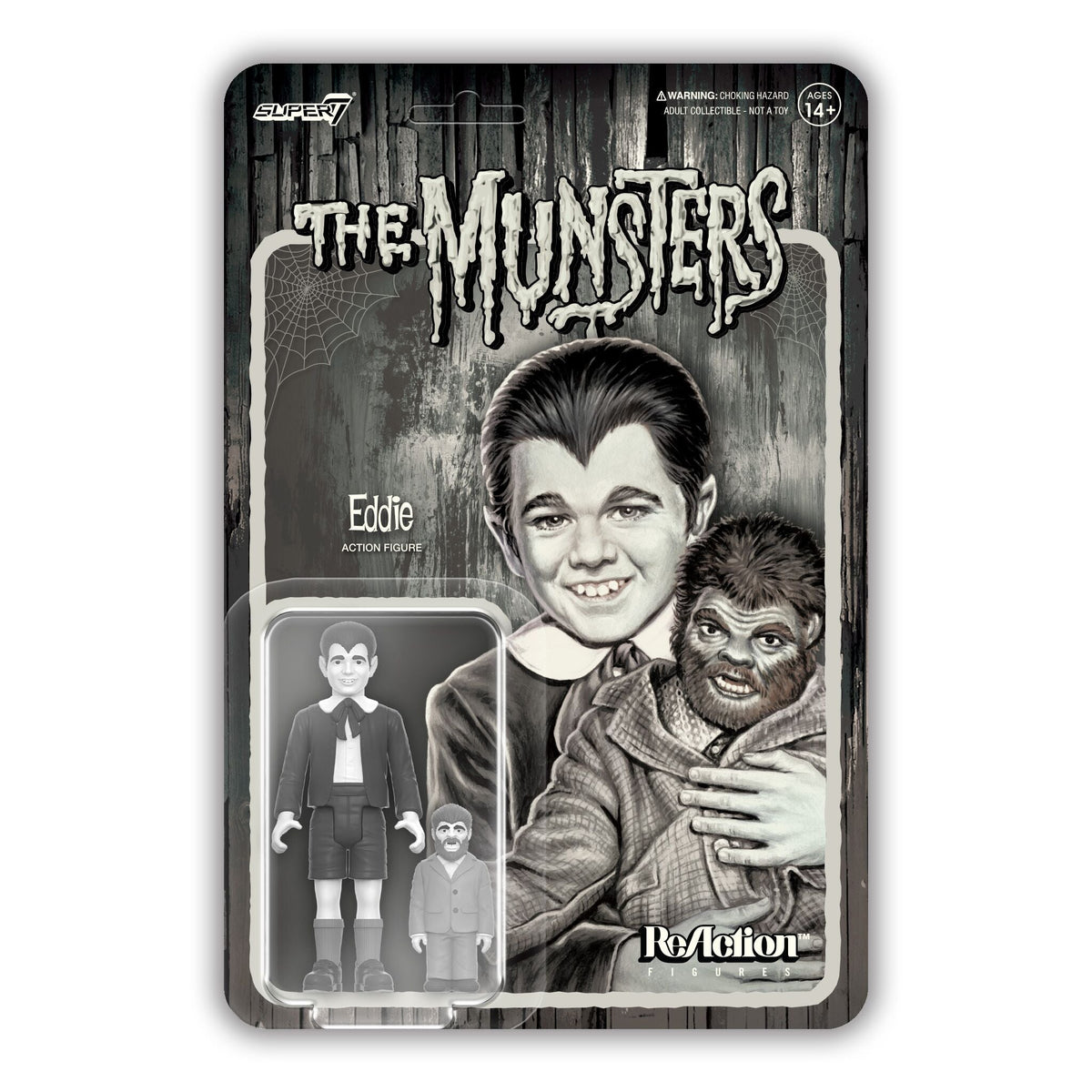 The Munsters: 2.85" Eddie Munster Greyscale ReAction Collectible Action Figure w/ Woof Woof Doll