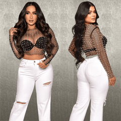 Delicate Pearl Beaded Mesh Long Sleeve Crop Top