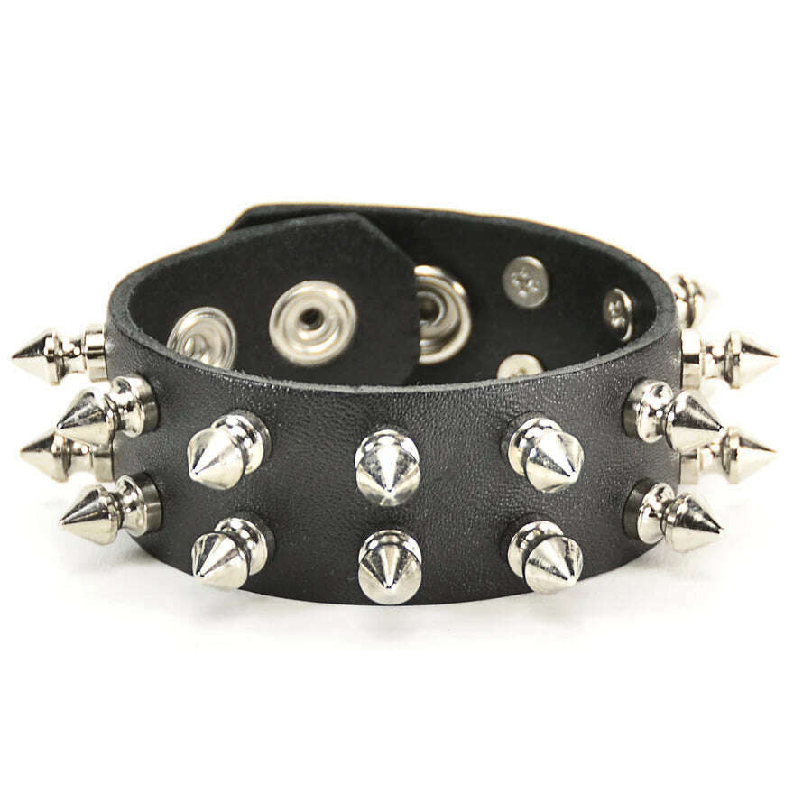 Double Tree Spike Row Black Leather Snap Bracelet