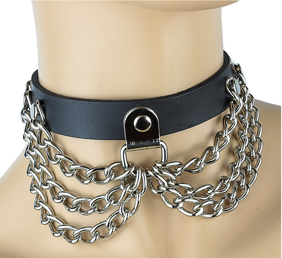 3/4" Leather Choker with 3 Row Hanging Chains