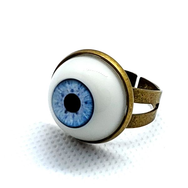 Adjustable Realistic Light Blue Eyeball Antique Brass Ring