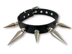 1 1/4" Black Shiny Patent Choker with 2" and 3" Silver Spikes