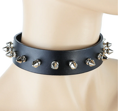 1 1/8" Black Leather Choker With 1/2" Spikes