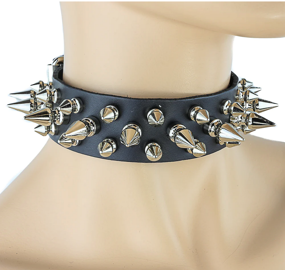 1 1/8" Black Leather Choker With 1/2" & 1" Spikes