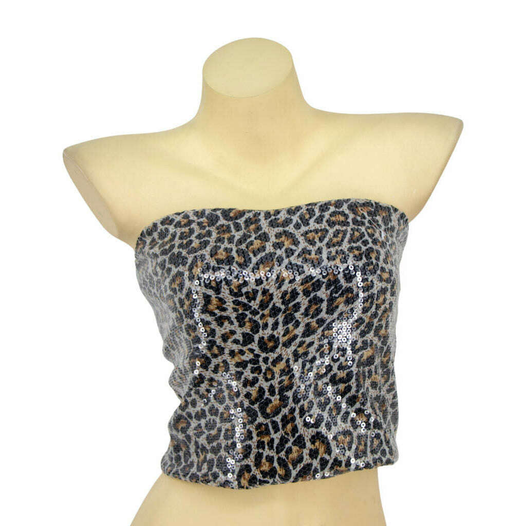 Glamorous Cheetah Print Sequin Cropped Tube Top