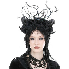 Goth Queen Roses & Twigs Sheep Horn Headband