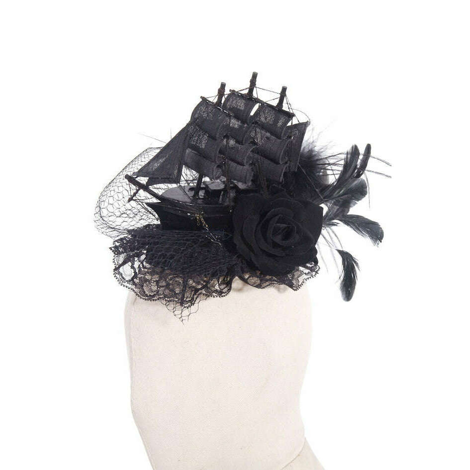 Gothic Headdress with Pirate Ship and Feathers