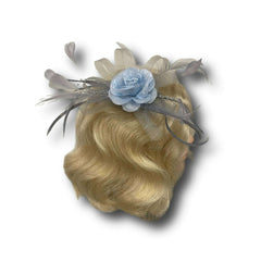 Grey Feather Fascinator W/ Light Blue Flower Clip On