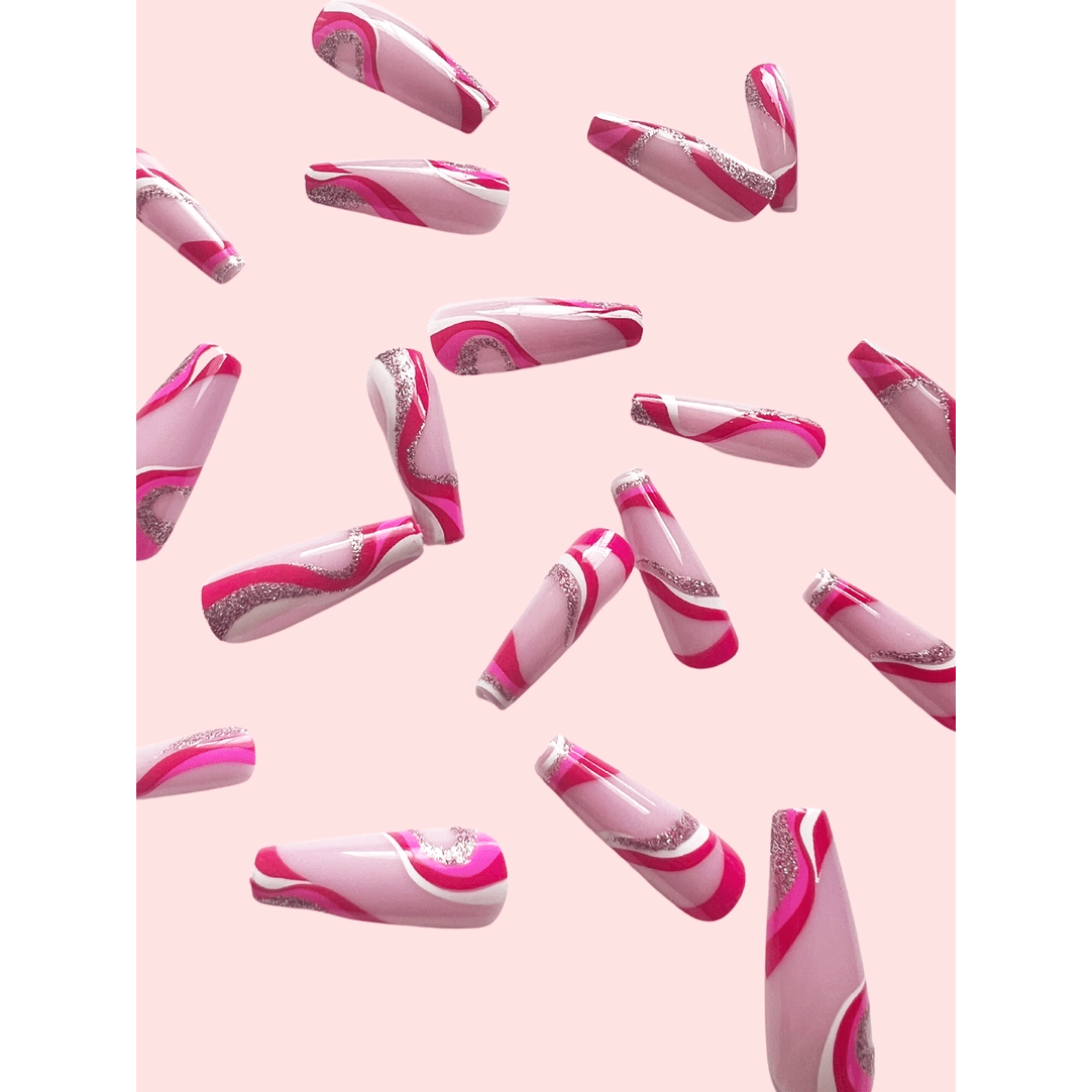 Groovy Pink Swirl Long Coffin Shaped Press On Nails