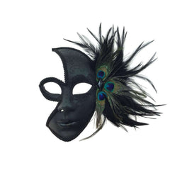 Half Face Venetian Style Mask w/ Feathers in Black