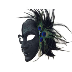 Half Face Venetian Style Mask w/ Feathers in Black