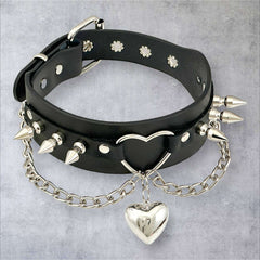 Heart Ring Choker with Tree Spikes, Chains and Heart Pendant