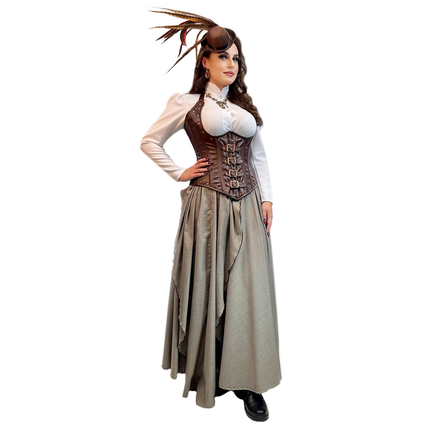 Women's Steampunk Retro Brown Adult Costume w/ Feathered Fascinator Hat