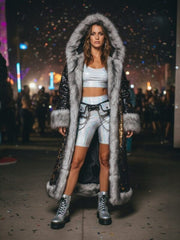 Full Sequin Metallic Shine Coat with Faux Fur Trim