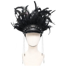 Festival Feathered Black Leather Hat with Chain Tassels