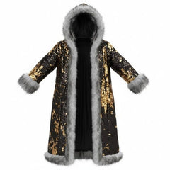 Full Sequin Metallic Shine Coat with Faux Fur Trim