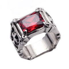 Silver Ring with Red Gemstone and Crosses