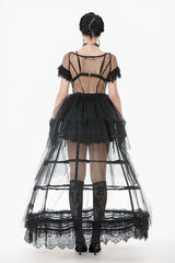Black Satin Boned Petticoat Skirt with Lace Detail