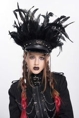 Festival Feathered Black Leather Hat with Chain Tassels