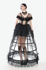 Black Satin Boned Petticoat Skirt with Lace Detail
