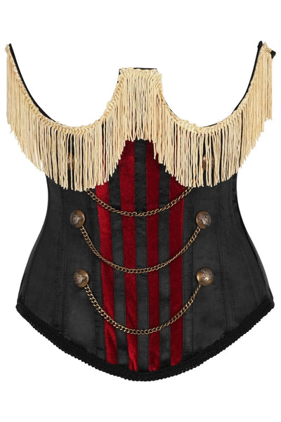 Daisy Corset Top Drawer Burlesque Underbust Black/Dark Red Steel Boned Corset w/Gold Fringe