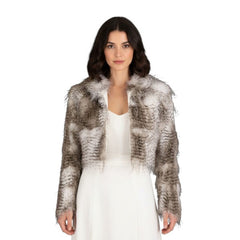 Beige & Black Faux Fur Puffy Cropped Jacket