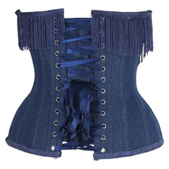 Top Drawer Steel Boned Dark Blue Denim Underwire Underbust Corset Cincher w/Fringe