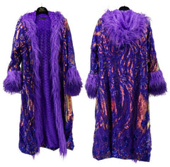 Purple Multicolor Sequin Hooded Fur Trim Jacket