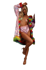 Rainbow Hooded Faux Fur Jacket with Sequins