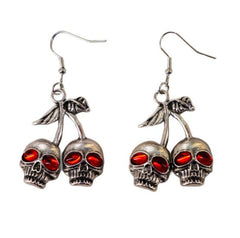 Skull Cherries Red Eye Gem Dangle Earrings