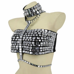 Silver Rhinestone Strappy Mock Neck Club Top