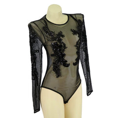 Black Mesh Sequin Pattern Bodysuit