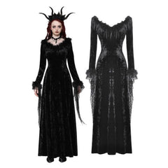 Black Velvet Long Feather Trim Dress