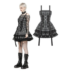 Plaid Ruffle Lace Strap Dress